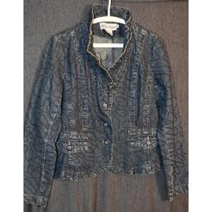 Dizzy Lizzie Women's 10 Embroidered Denim Jacket Artsy Boho Button Down